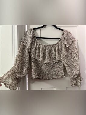 She + Sky Beige Floral Smocked Off-Shoulder Blouse
